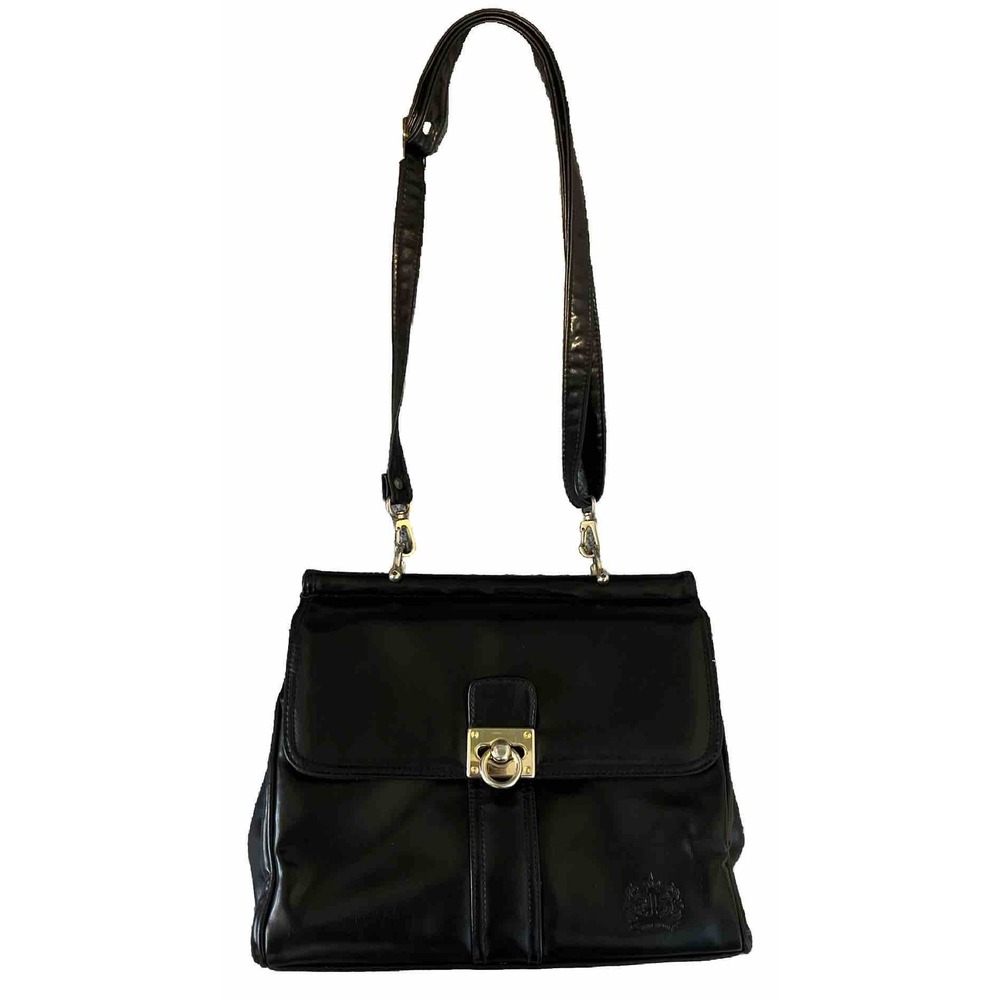 HATO HASI Black Leather Crossbody Bag 3 Compartment Gold Hardware Medium Purse